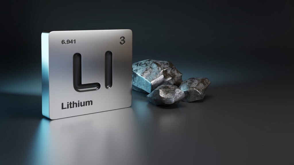 Lithium metal symbol and raw lithium rocks representing lithium trading and investment opportunities in 2025.